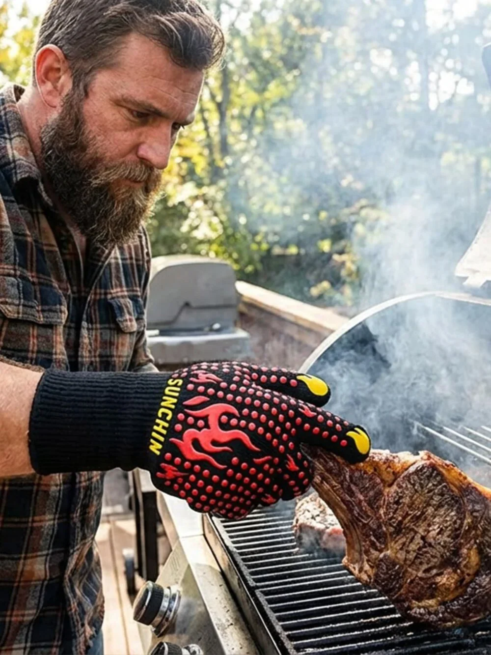 BBQ Fireproof Gloves, Grill Cut-Resistant 1472F Heat Resistant Gloves, Non-Slip